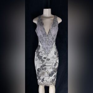 Plunging Silver-Gray Embellished Midi Dress